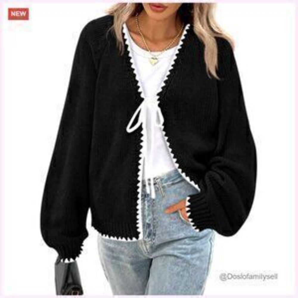 Long Sleeve Open Front Tie Cardigan, Puff Sleeve, Cable Knit, Lightweight - Picture 1 of 5